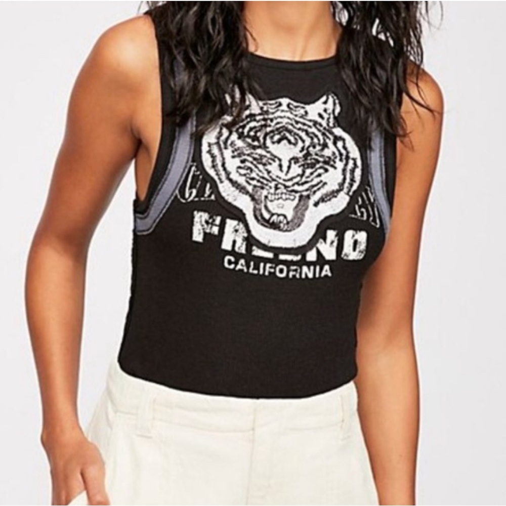 We The Free Tiger Embroidered Tank Top Black Gray Free People Shirt Size S